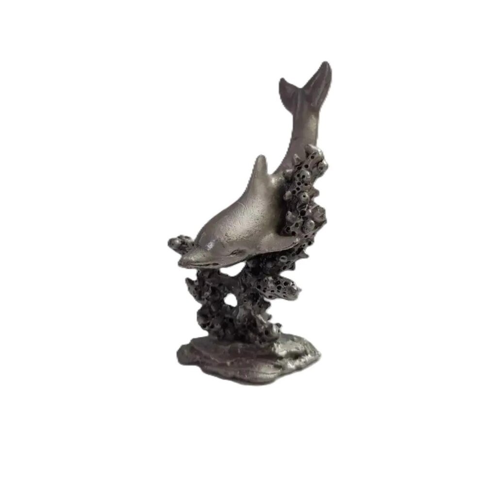 Dolphin Figurine Silver Pewter Metal Miniature Ocean Beach Decor